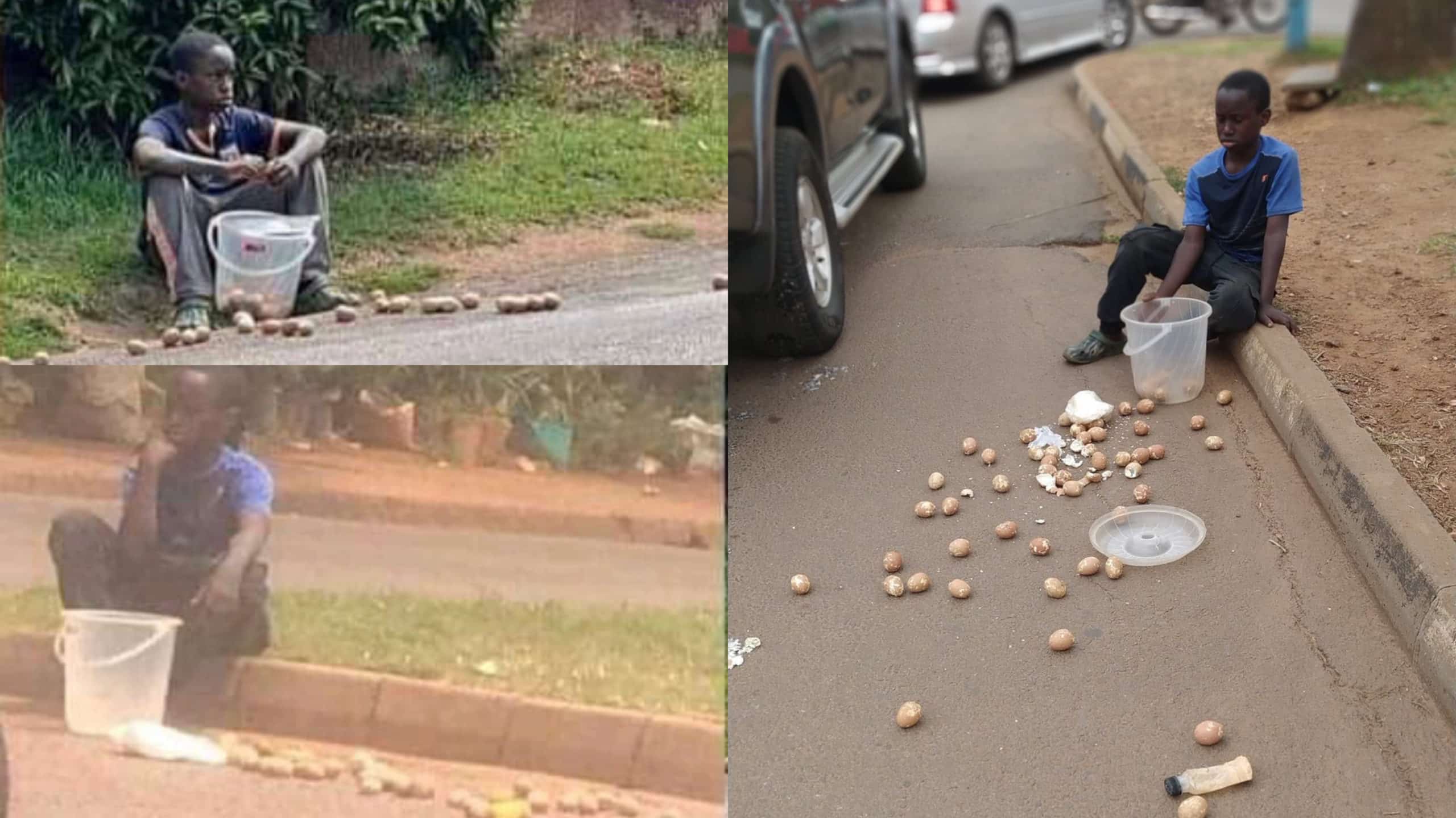 Scam: How popular street kid is using broken eggshells to take advantage of the goodness of people in Accra