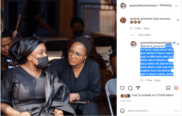 "I pray for Cancer into your family"- Afia Schwarzenegger curses a fan who laughed at her father's death
