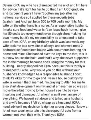 Bank Watch Man rejects a two-bedroom house gift from his wife; says it is a disgrace to him as a man