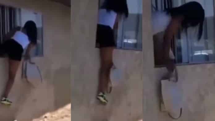Side chick bravely jumps out of window to escape beatings from wife of man she was caught sleeping with [Video]