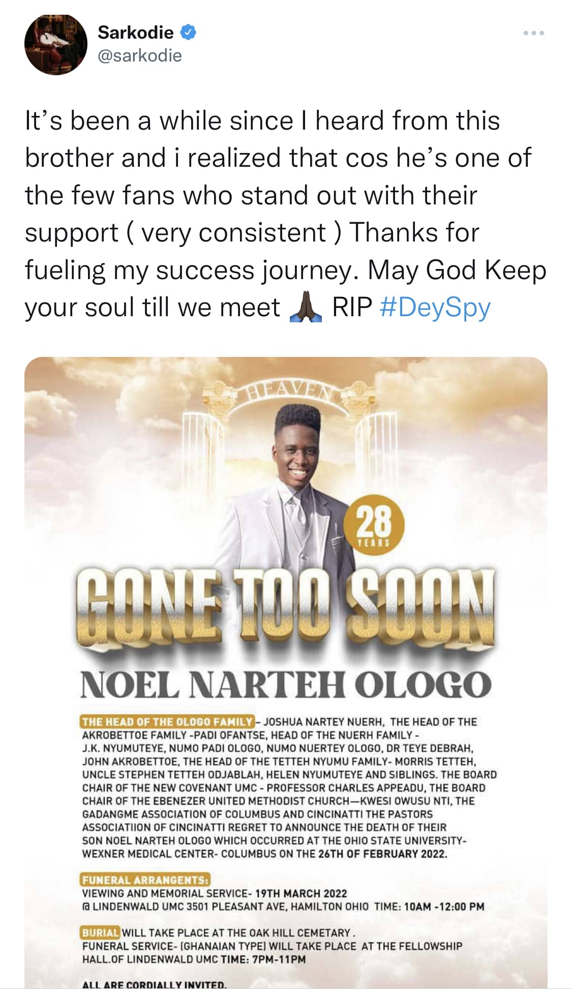 Sarkodie mourns the death of his young die-hard fan.