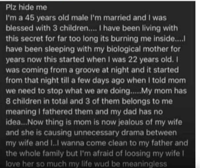"I have been sleeping with my mother for over 20 years and have 3 children with her"- Married man confesses