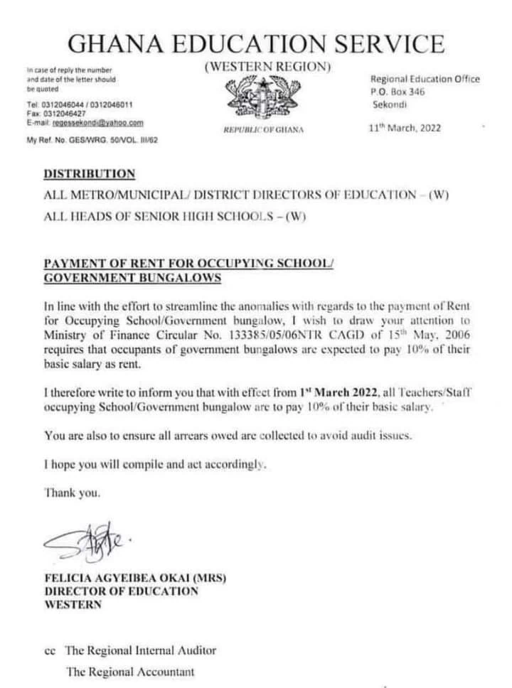 GES orders teachers staying in government bungalows to pay rent.