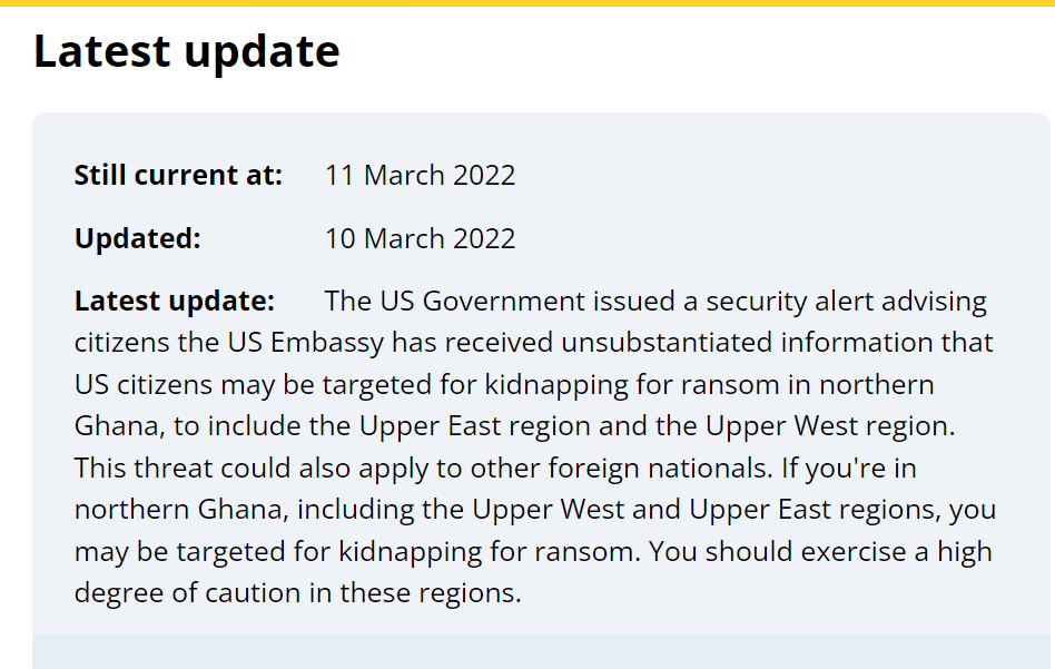 USA declares Ghana's northern region as a threat to its citizens as new intel suggests people are planning to kidnap for ransom.