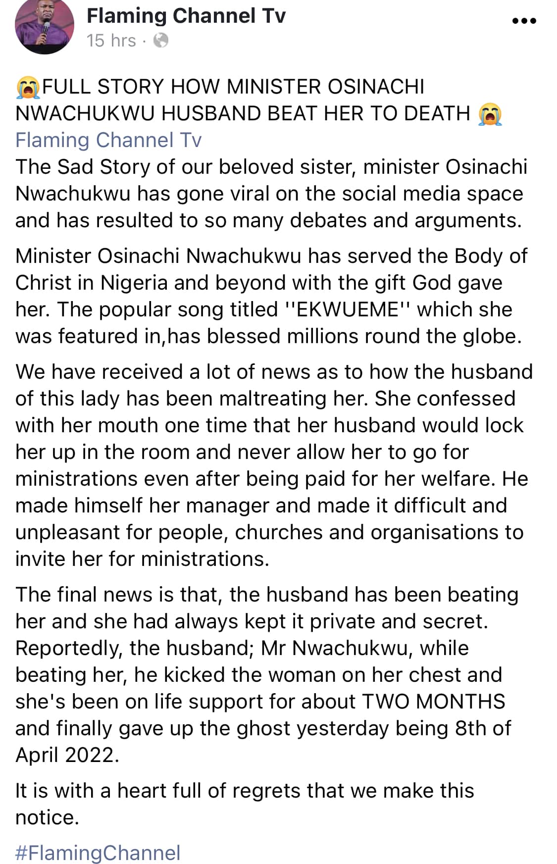 How "Ekueme" singer Osinachi Nwachukwu's husband beat her to death [Full Account]