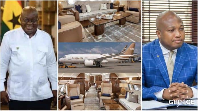 Grid images of Nana Addo, private jet interior and Okudzeto Ablakwa