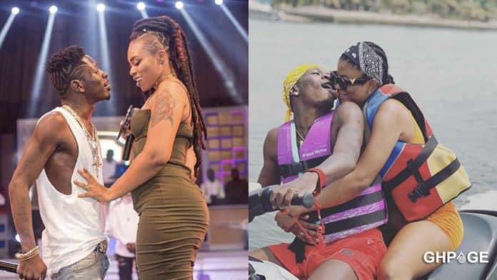 Shatta Wale on stage with Michy and Shatta Wale kissing Elfreda