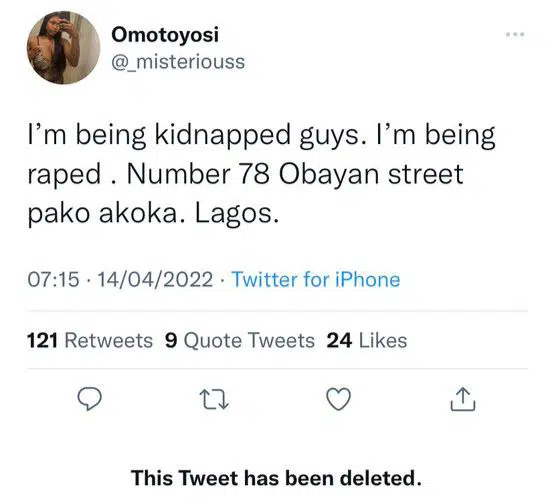 Lady arrested by police after posting on Twitter that she has been k!dnapped and was being raped just for fame.