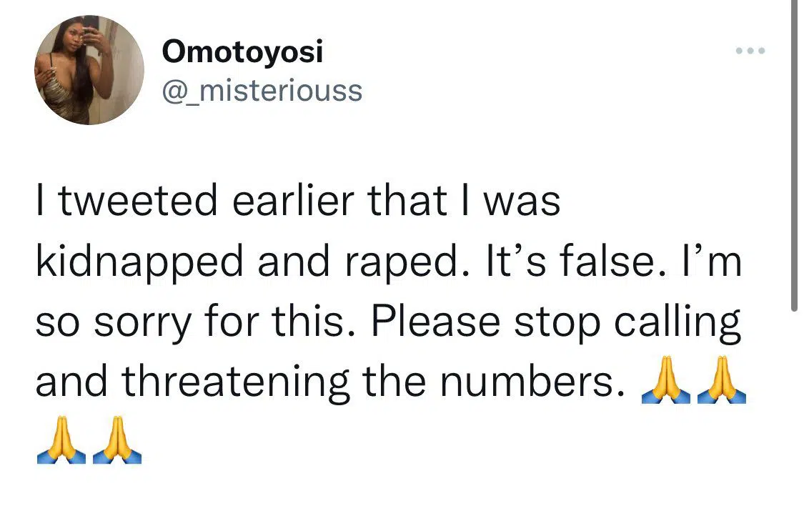 Lady arrested by police after posting on Twitter that she has been k!dnapped and was being raped just for fame.