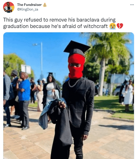 Graduating student wears a mask to hide his face from his house w!tches during his graduation