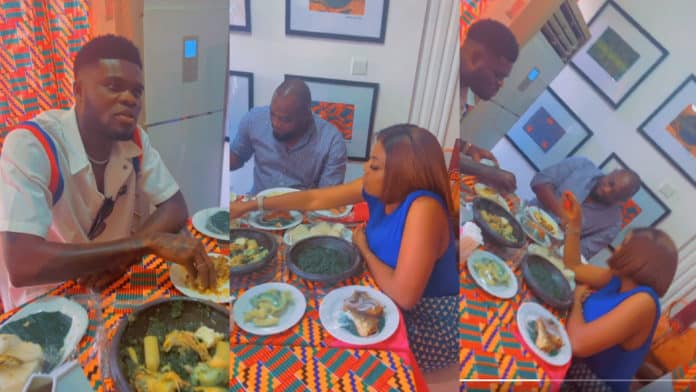 Thomas Partey and Nana Aba fight over local food as they dine together