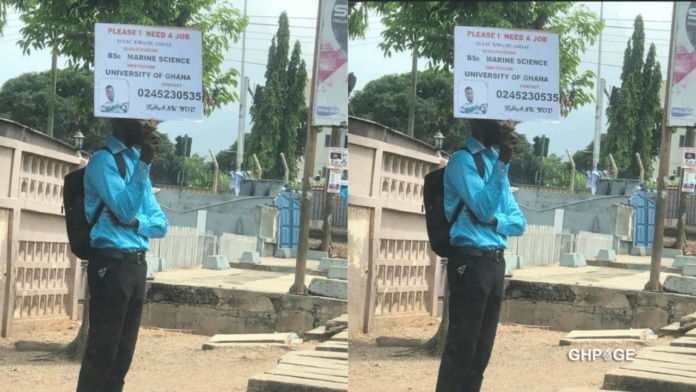 Legon graduate who was holding Up placard begging for a job gets over 50 employment opportunities