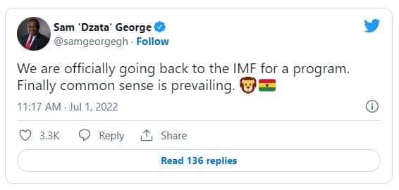 Sam George tweet on IMF move