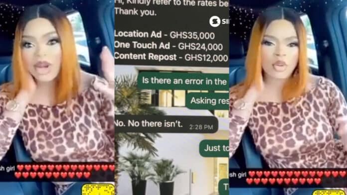 Check out the huge prices Bobrisky charges for ads while in Ghana