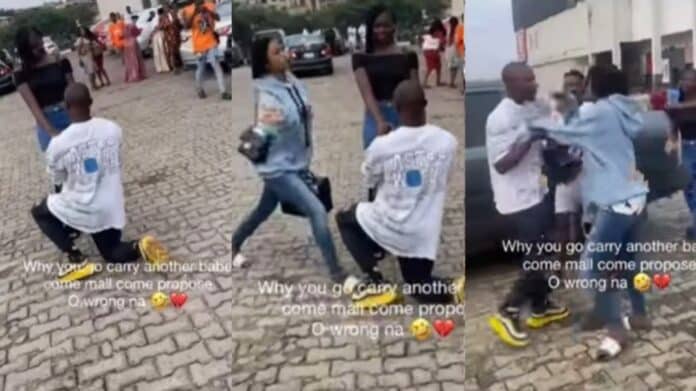 Drama as main chic catches boyfriend proposing to another lady