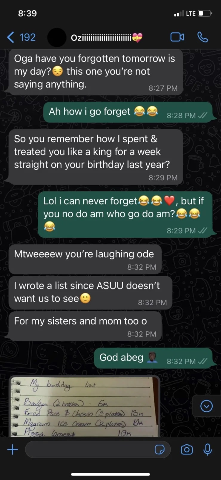 Man cries out as he shares outrageous birthday list his girlfriend sent ...