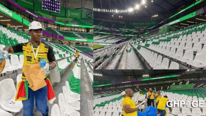 Ghanaian supporters clean the stadium after victory over South Korea