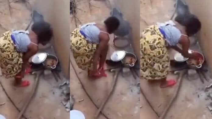 Woman performs ritual with underwear as she prepares husband's meal
