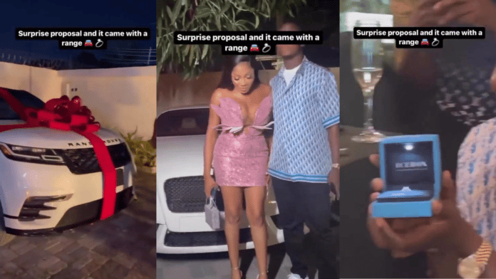 Guy proposes to his girlfriend with a diamond ring, a diamond Cartier watch and a brand-new Range Rover