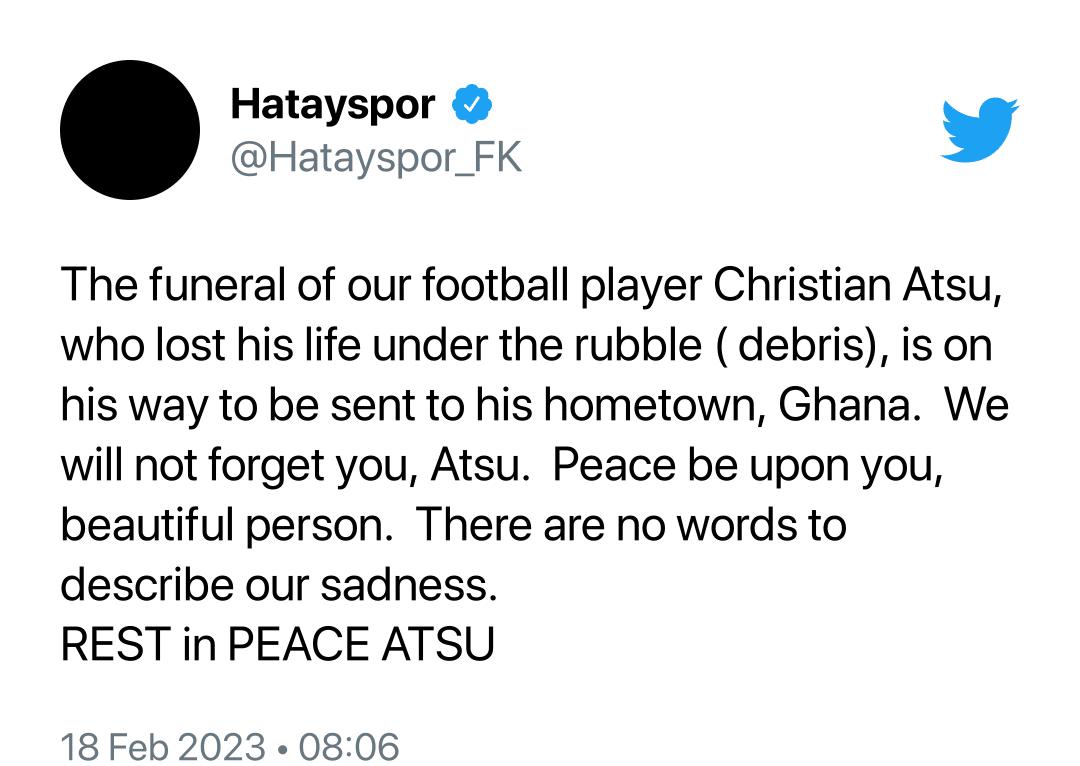 Hatayspor speak Christian Atsu death