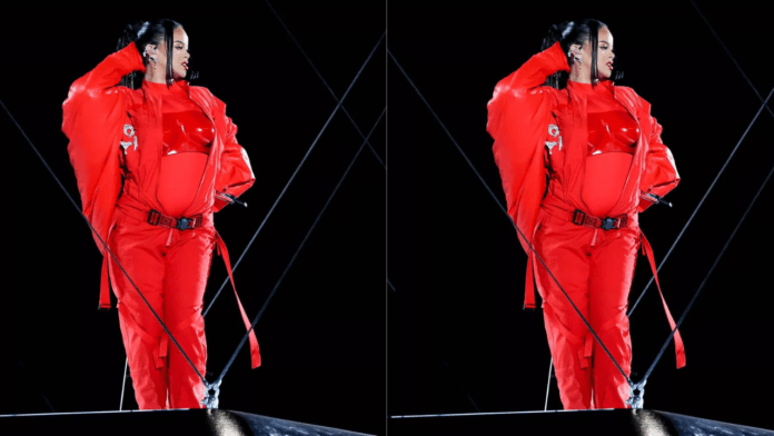 Rihanna pregnant with a second child; Flaunts baby bump during super bowl half time show