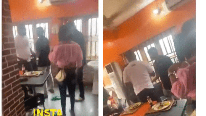 Sidechick and main chick exchange punches inside the restaurant