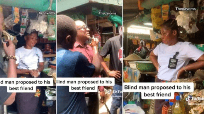 Blind man storms the market to propose marriage to his best friend whom he thinks is his girlfriend