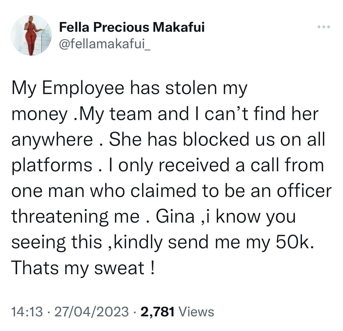 Fella Makafui robbed by employee