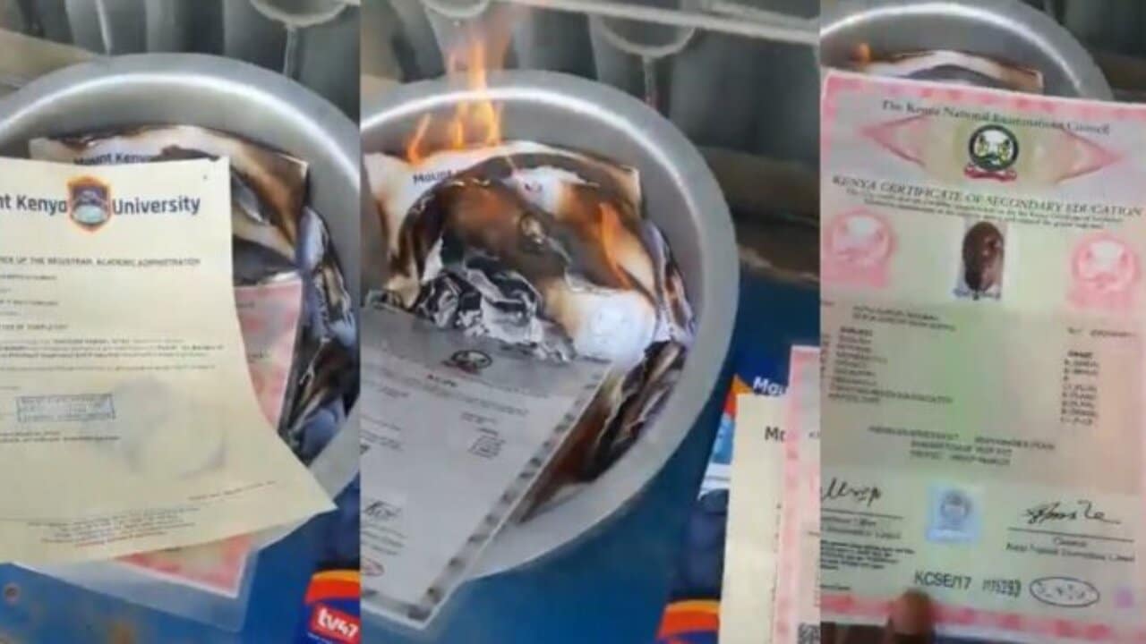 Frustrated graduate burns his certificates over his inability to secure a job after graduation