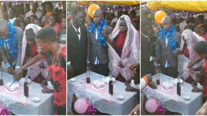 Couple go viral as they marry with just two bottles of soft drinks and a small cake (Video)