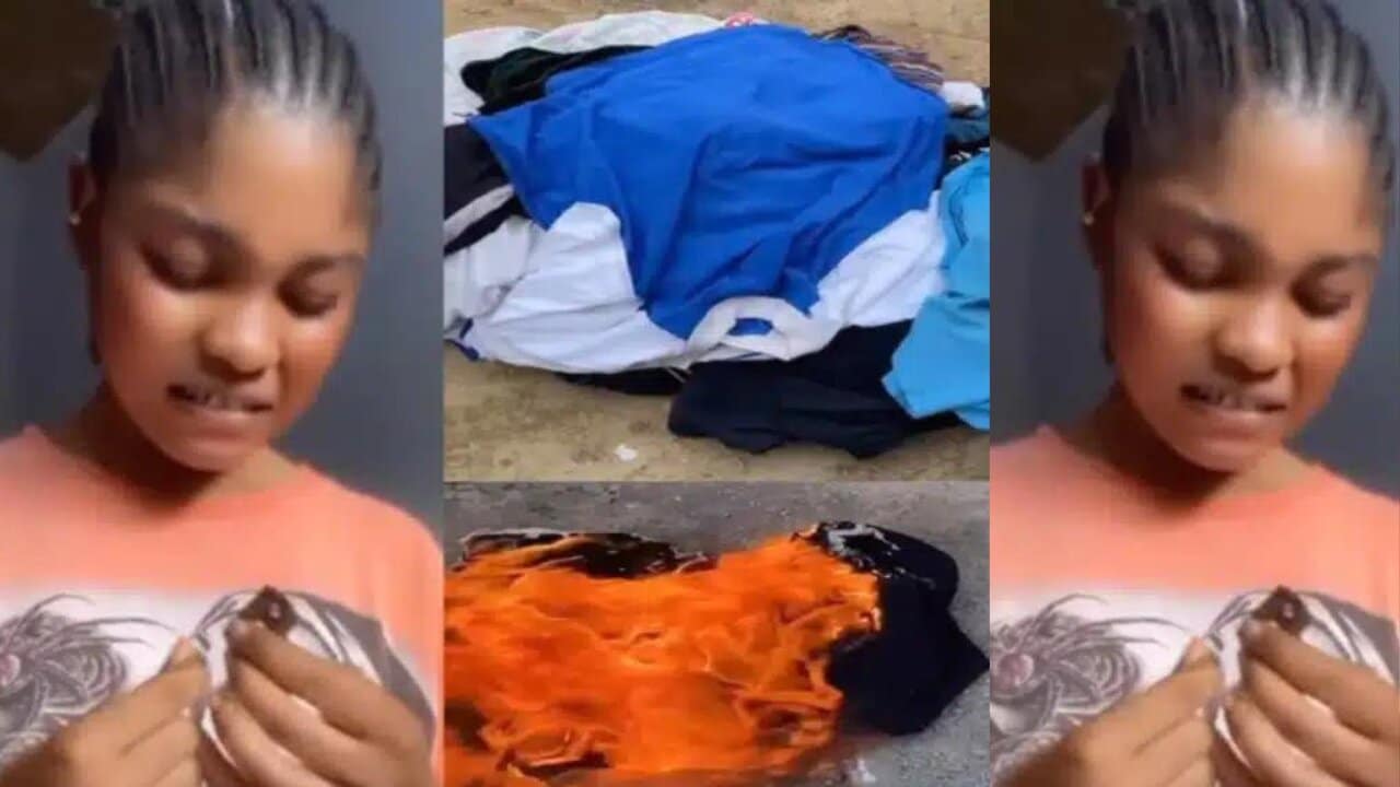 Lady burns boyfriend's entire clothes for cheating on her (Video)