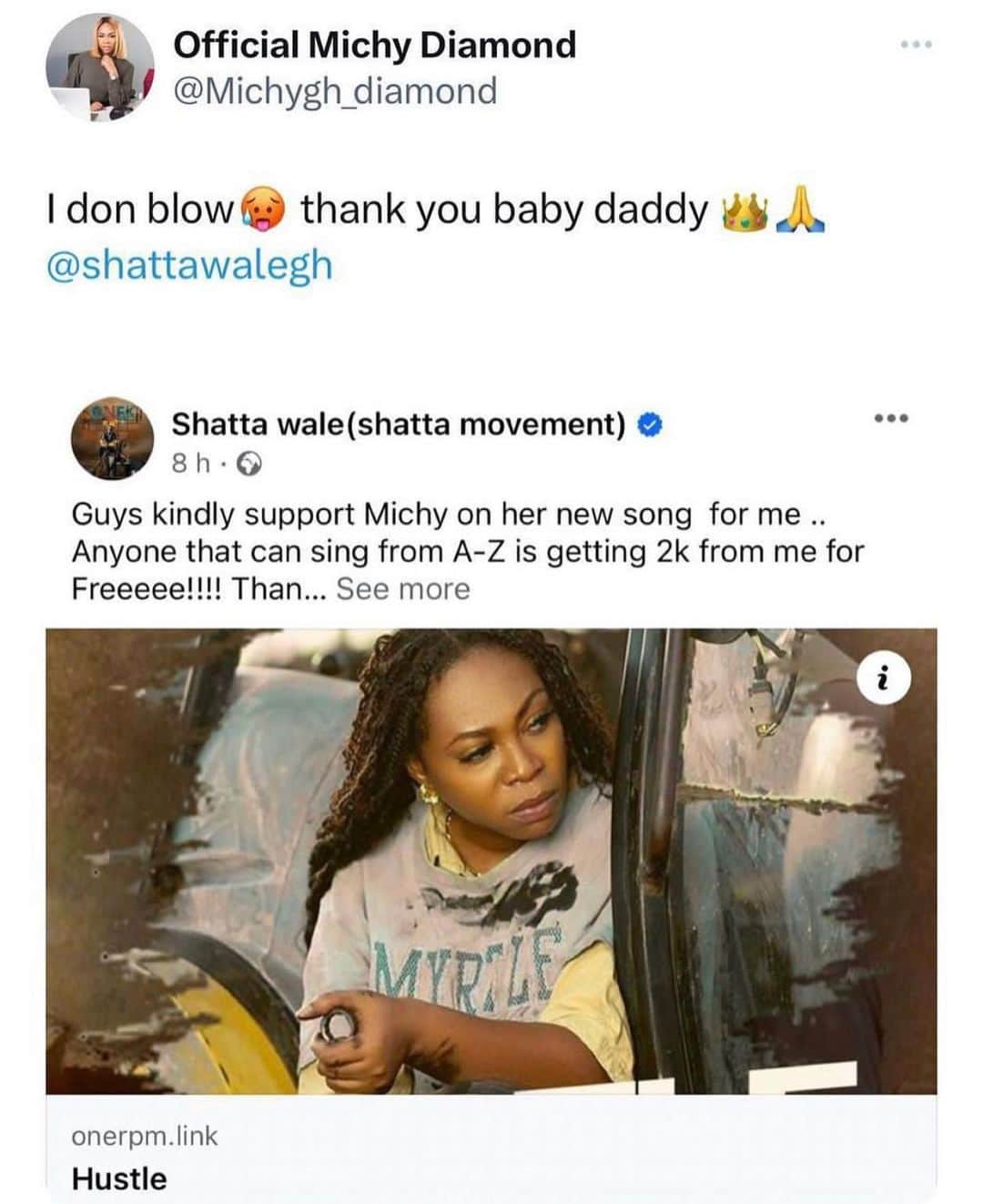 Shatta Wale suppots Michy as he gives free promo on social media for her new song