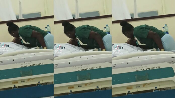 Trending video of a female nurse kissing a male patient on the hospital bed