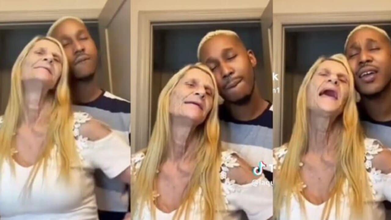 Young African man shares loved-up moment with elderly foreign lover (Video)