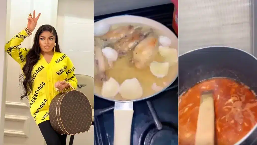 Your girlfriend can’t cook like me – Bobrisky brags as he/she prepares jollof rice (VIDEO)
