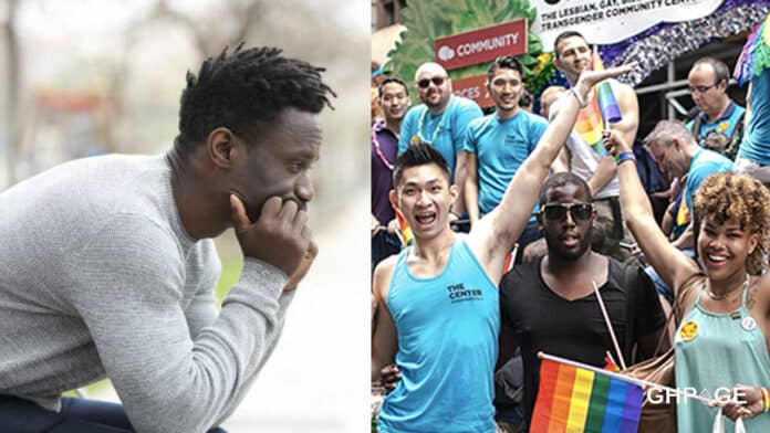 Man-and-LGBTQ-community Man sad and photo of LGBTQ community happy
