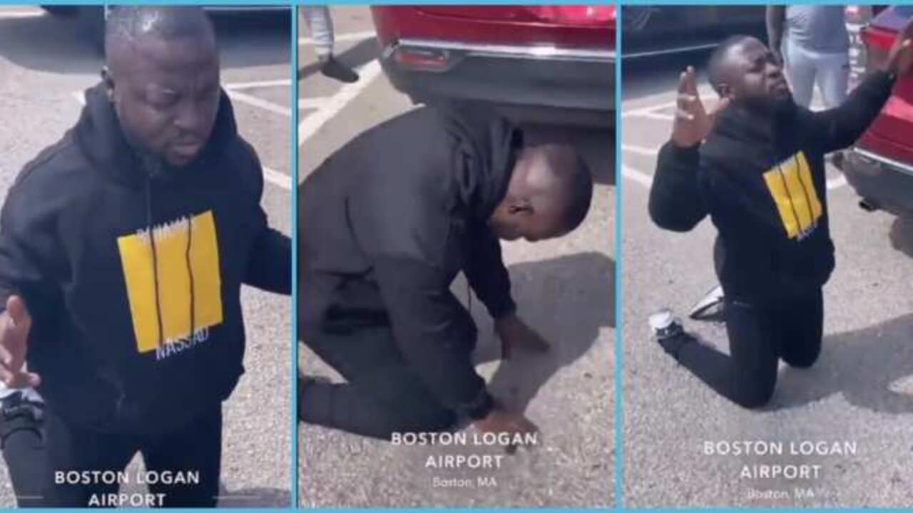 Trending video of a GH man kneeling to thank God after leaving Ghana and safely arriving in the US