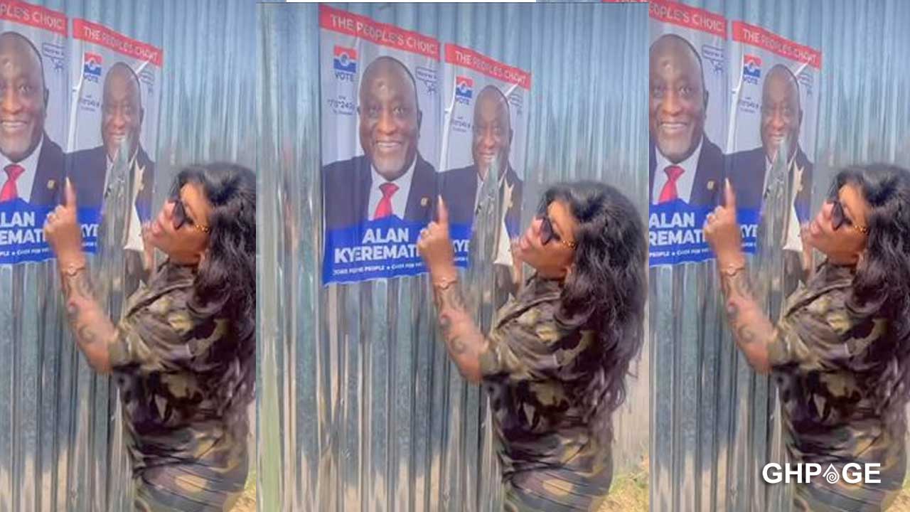 Afia Schwar destroyes posters Of Alan Kyeremanten after his resignation from NPP [VIDEO]