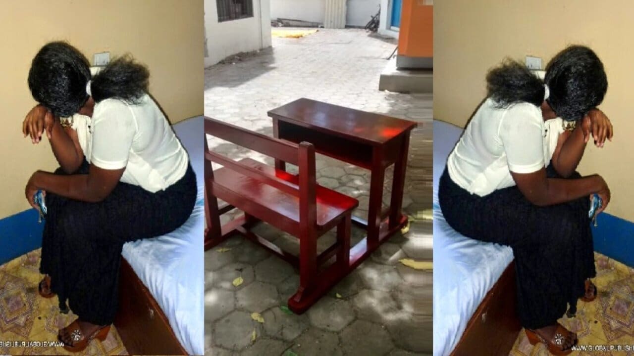 Husband weeps after catching his wife getting intimate with another man on a classroom desk