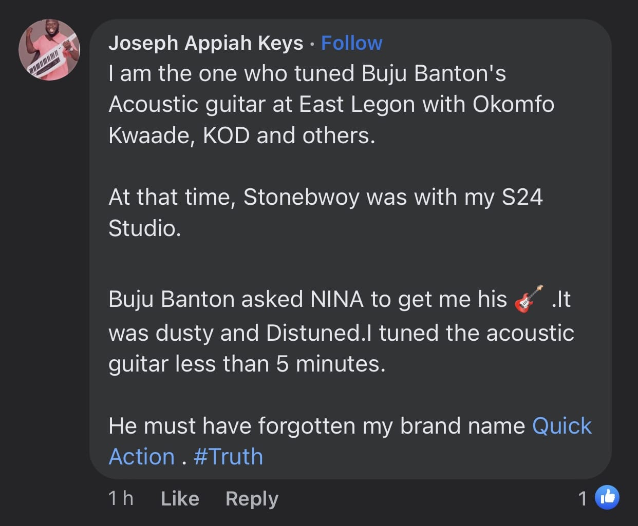 "I am the one who tuned Buju Banton's Guitar and not Stonebwoy" - Producer, Quick Action clarifies