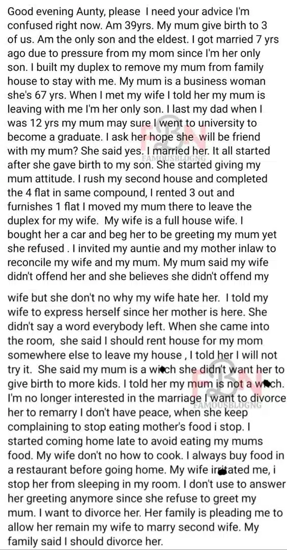 “My wife who can’t cook keeps calling my mother a witch” – Man cries out for advice