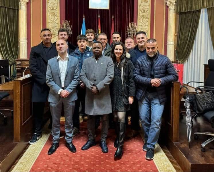 From left H.E the Mayor of Ourense , middle Mr Prince Tetteh, CEO of Pribet Group and Ghana Consul follow by Ms Laura, football activist and lawyer. Right Mr Camilo Diaz, the president of Ourense C.F and other government officials in Spain.