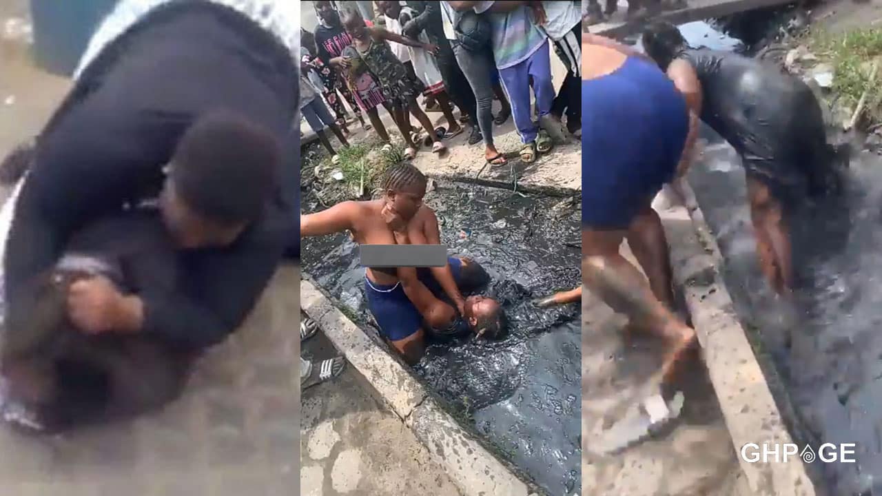 Two ladies fight and dirty themselves in a gutter over a man