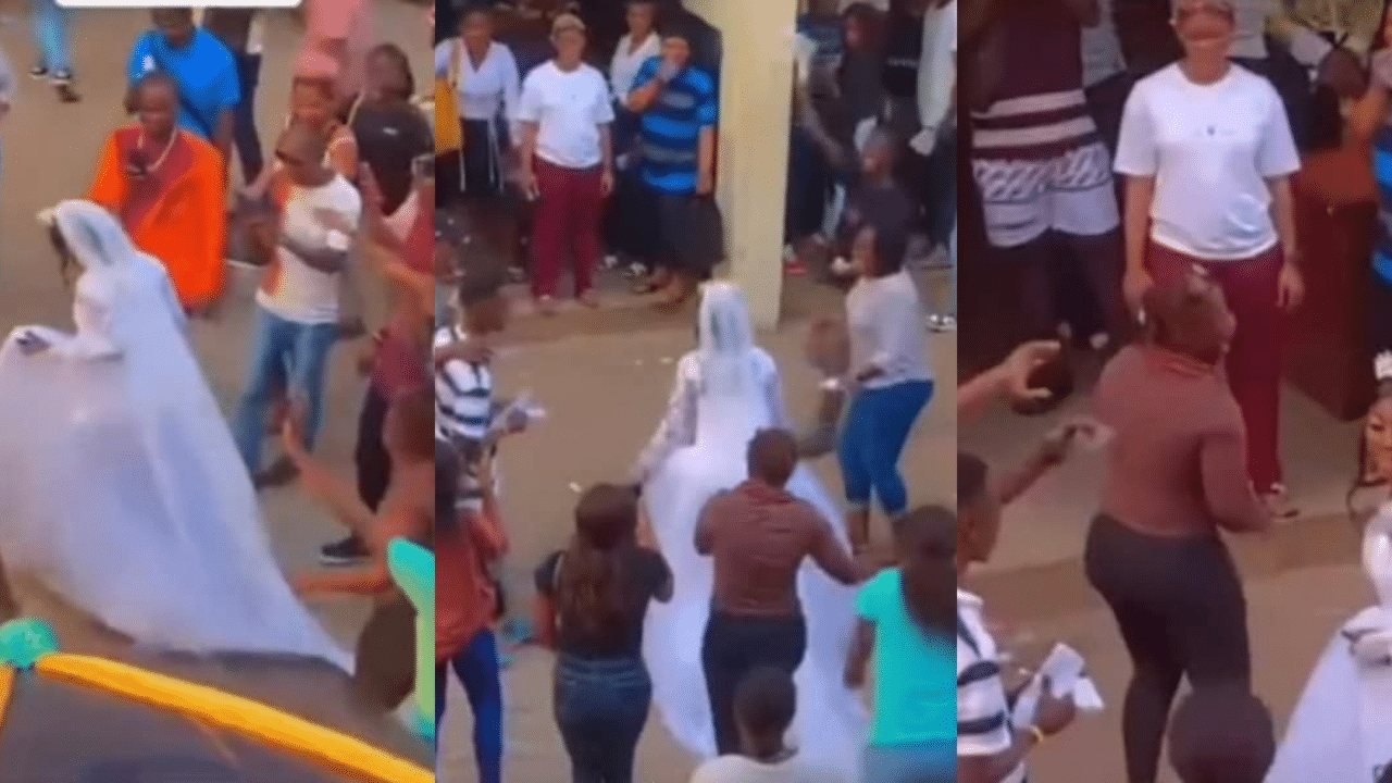 Moment bride arrives in school in her wedding gown to write her final exam