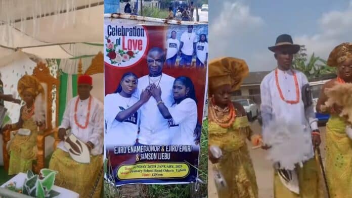 A Nigerian man identified as Samson Ijebu has married two wives the same day in Delta State. The wedding ceremony was held on Sunday, January 26, 2025, at Odovie community in Ughelli Local Government Area of the state. The brides bear the same first name, Ejiro. The groom is said to be a former community leader and a member of Winners Chapel.