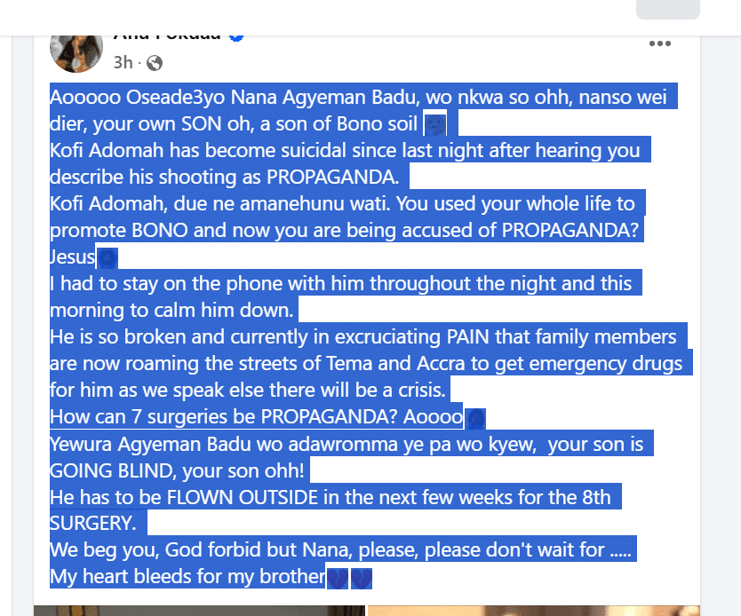 A Facebook post from Vim Lady about Kofi Adoma's current condition - GhPage