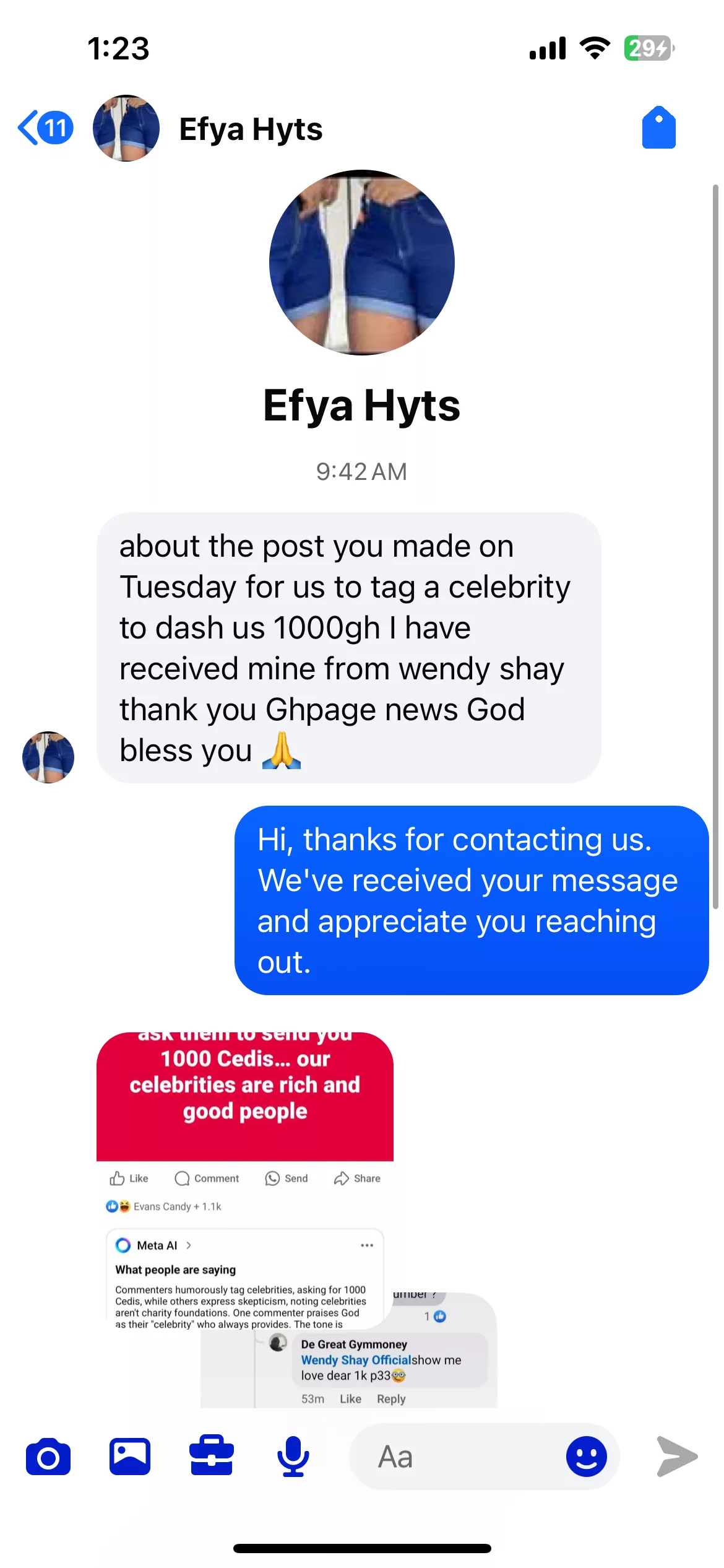 Screenshot of Wendy Shay sending Efya Hyts money - GhPage