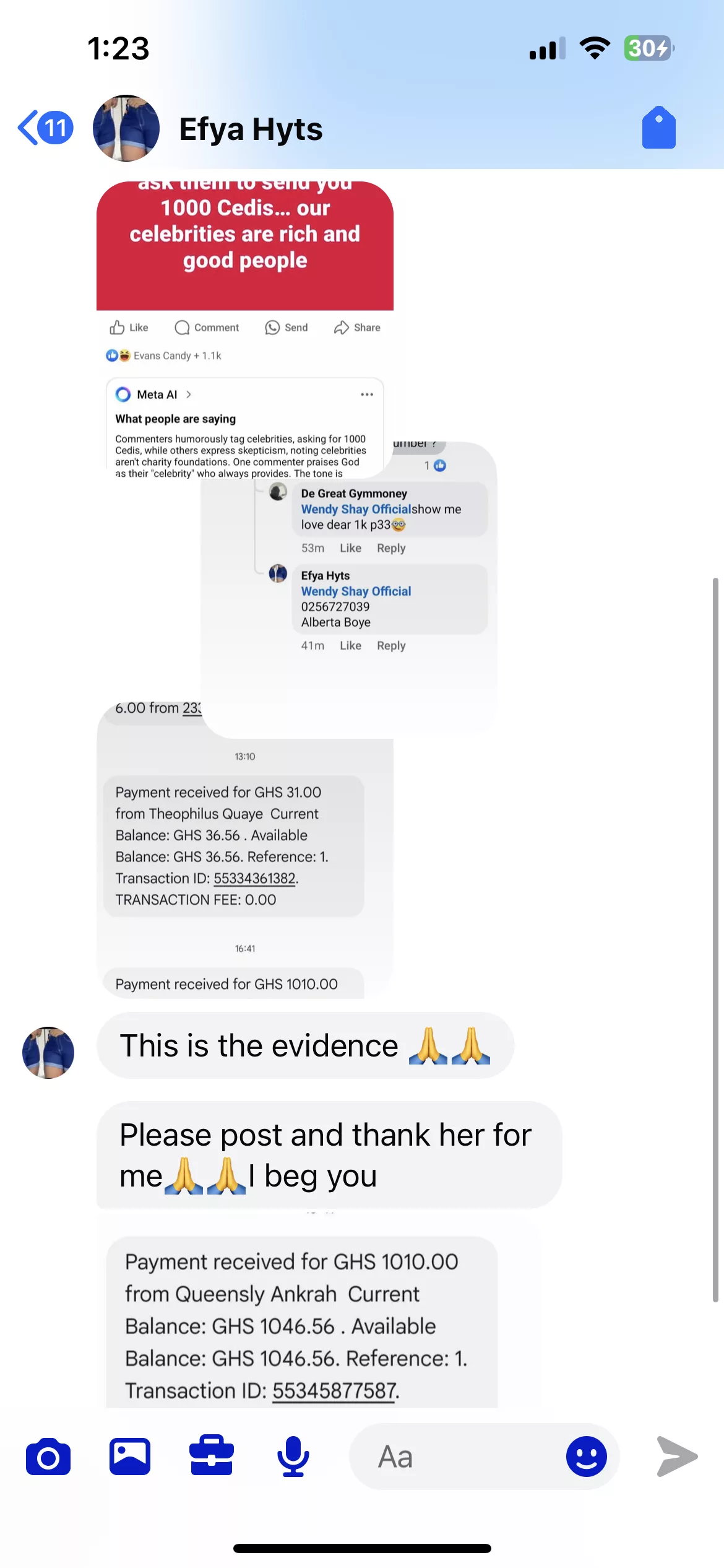 Screenshot of Wendy Shay sending Efya Hyts money - GhPage