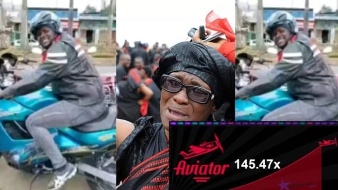 Man on a motorbike and a woman crying