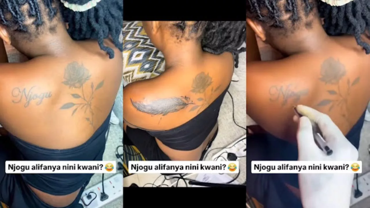 Lady cleaning boyfriends name tattooed at her back Lady cleaning boyfriends name tattooed at her back